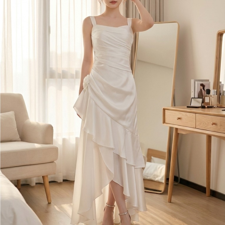 LUNA BOUTIQUE'  DP17 ĐẦM PHI 2 DÂY XÉO TÀ ĐÍNH HOA CỰC SANG
