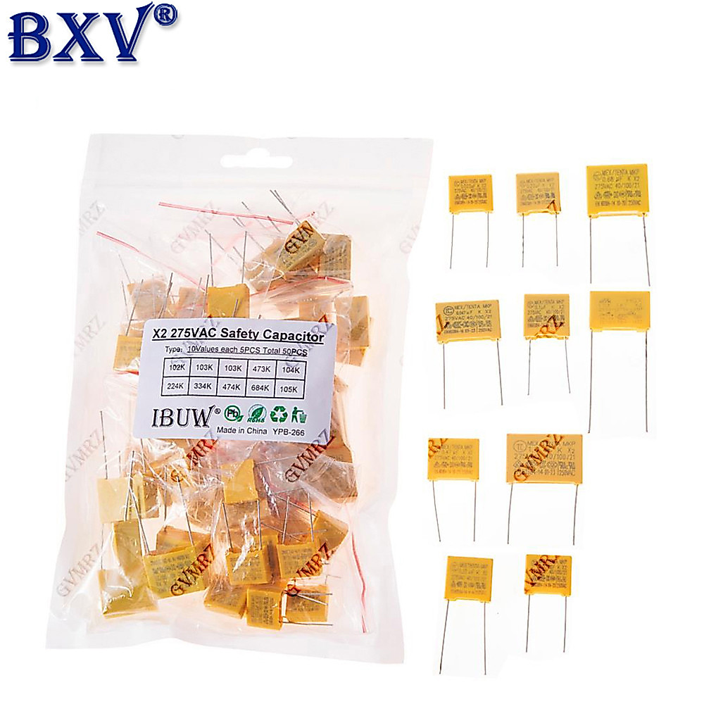 Bộ phân loại tụ điện an toàn 50 chiếc X2 - 10 giá trị (1nF đến 1μF) Tụ điện ức chế nhiễu màng Polypr