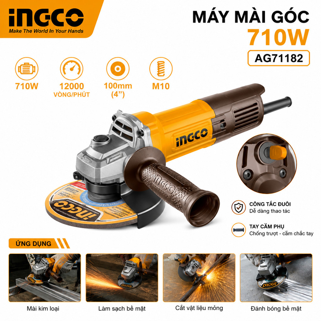 710w Máy mài góc INGCO AG71182, máy cắt cầm tay công tắc đuôi, đường kính đĩa 100mm