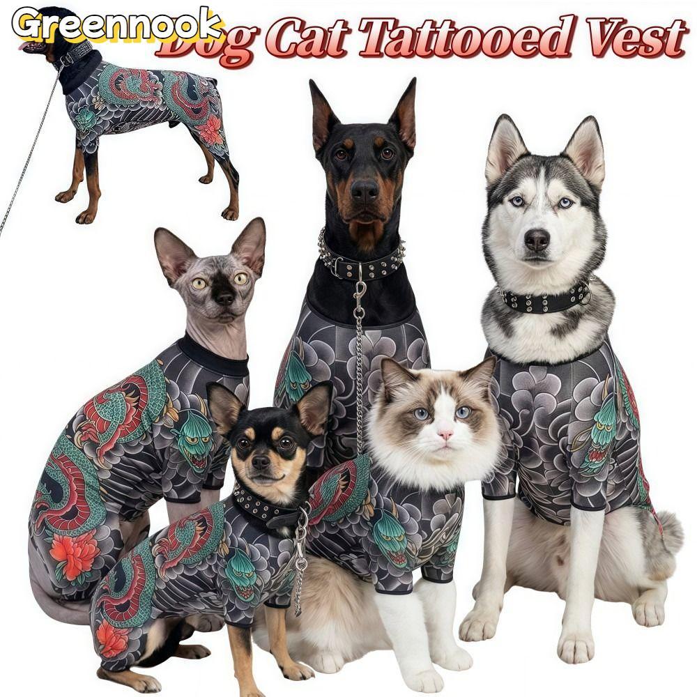 GRENOOK Dog Cat Tattoo Jacket, Áo Vest hình xăm thú cưng thoáng khí ngộ nghĩnh, sáng tạo Bốn mùa giố