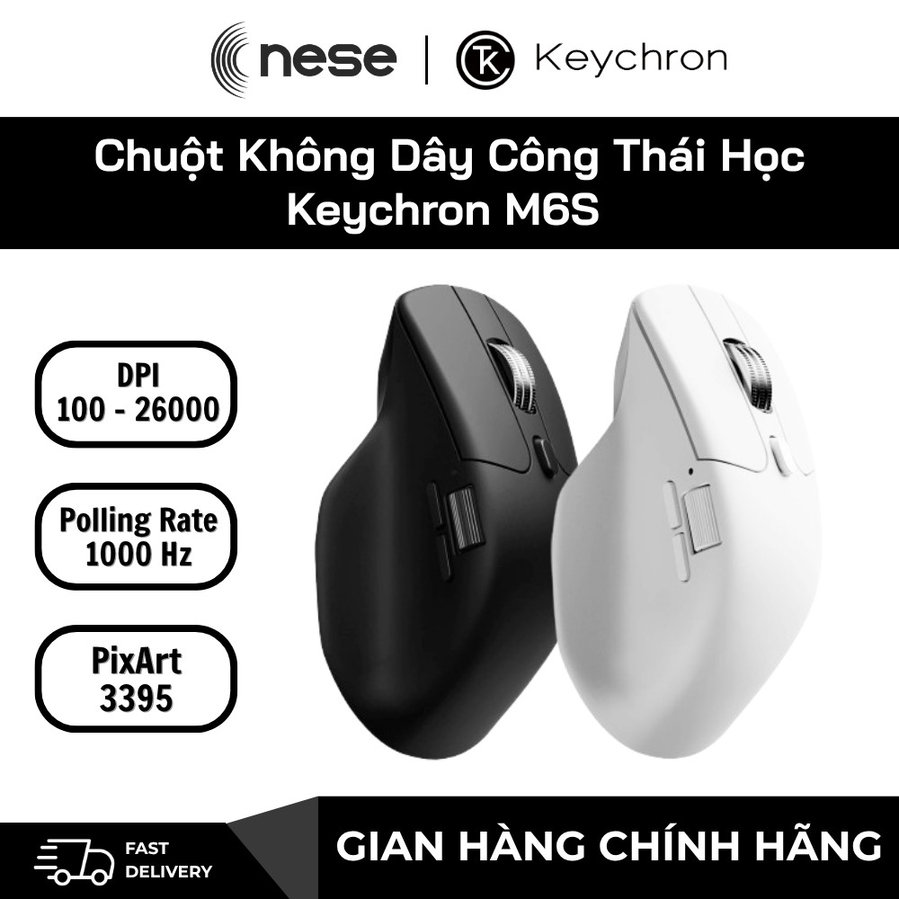 Chuột Không Dây Công Thái Học Keychron M6S Wireless Bluetooth PixArt3395 26000DPI 1000Hz Chính Hãng