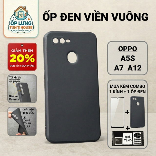 Ốp lưng Oppo A5S, A12, A7 Ốp Nhà Tun trơn màu đen | Ốp điện thoại Oppo dẻo bảo vệ camera đt toàn diệ
