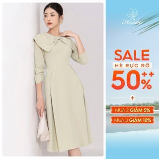 Đầm nữ HeraDG dáng xòe thiết kế xếp bông chân, xếp nơ cổ xinh xắn, nhẹ nhàng WDPBB3013