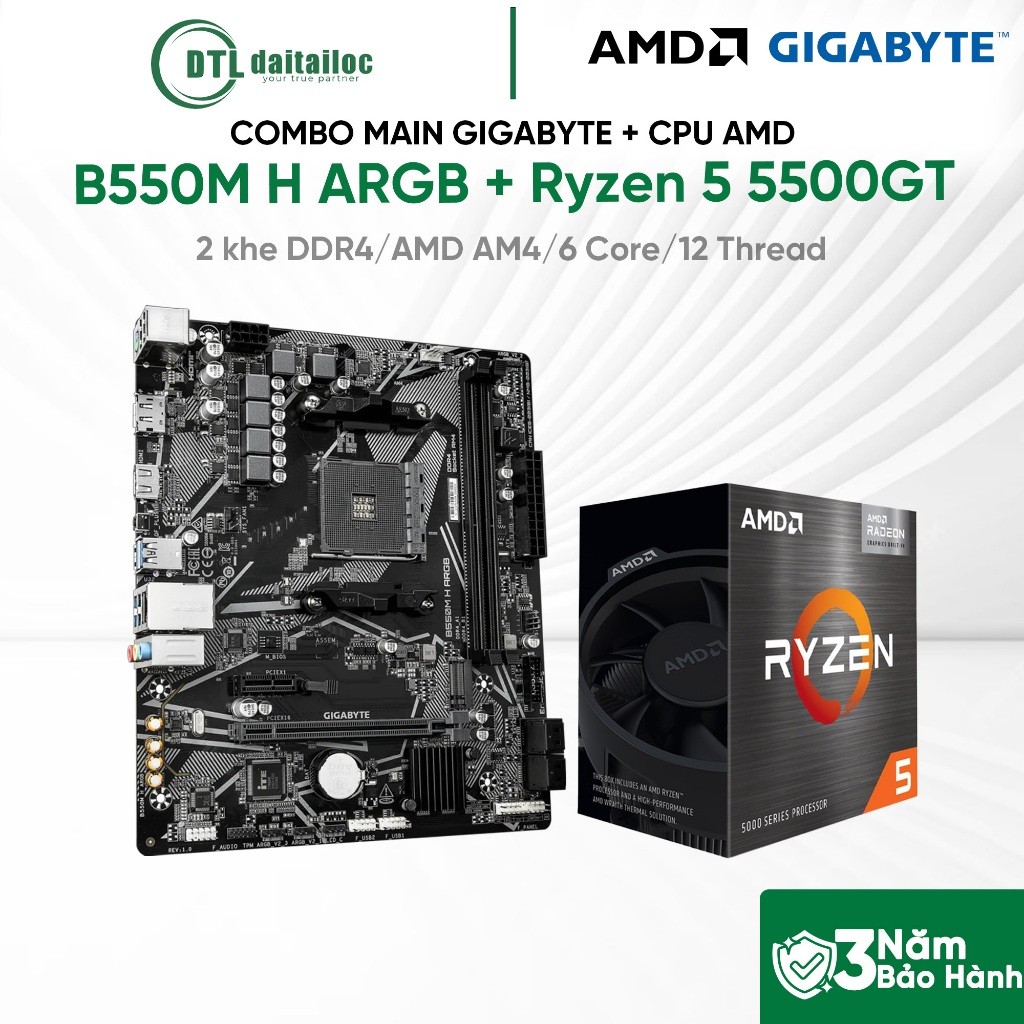 Combo MainBoard Gigabyte B550M H ARGB + Cpu Amd Ryzen 5 5500GT | Chính Hãng | Bảo Hành 36 Tháng
