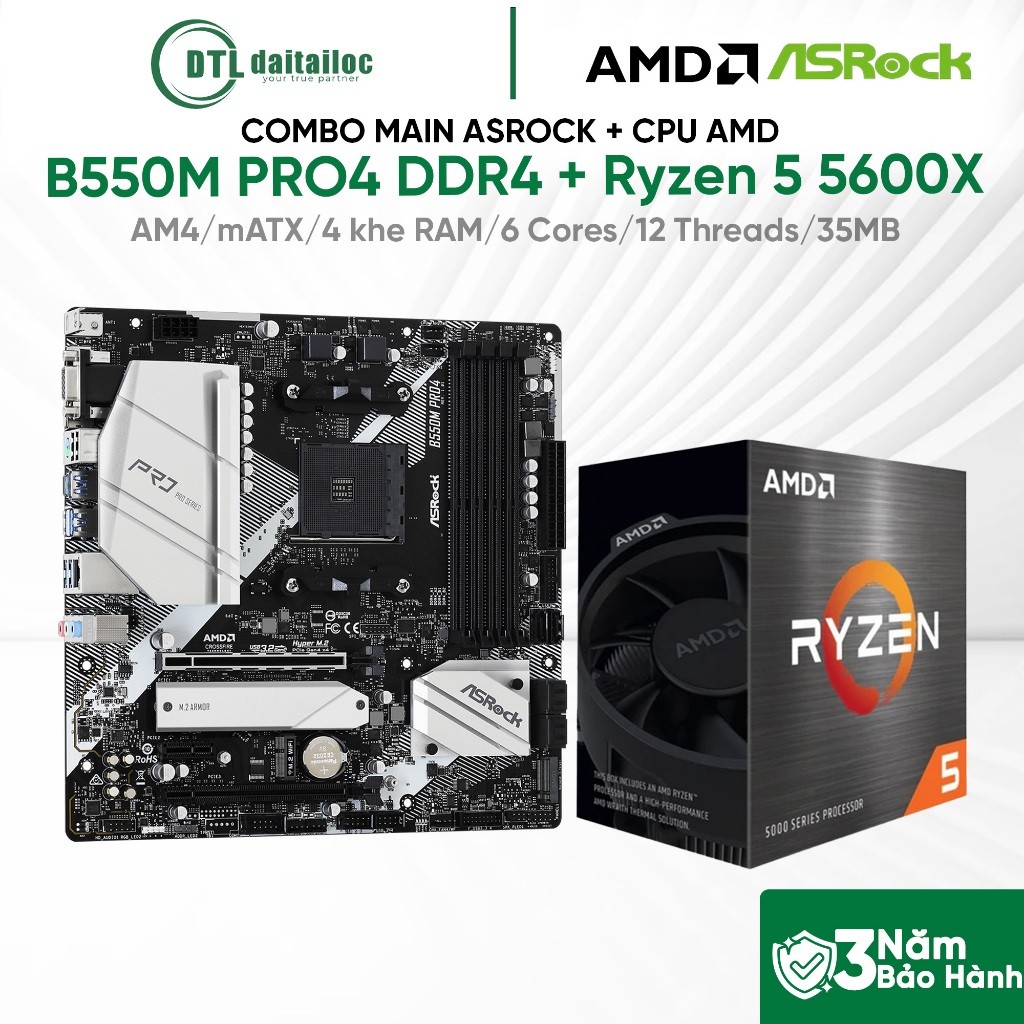 Combo MainBoard Asrock  B550M Pro4 DDR4 + Cpu Ryzen 5 5600X | Chính Hãng | Bảo Hành 36 Tháng