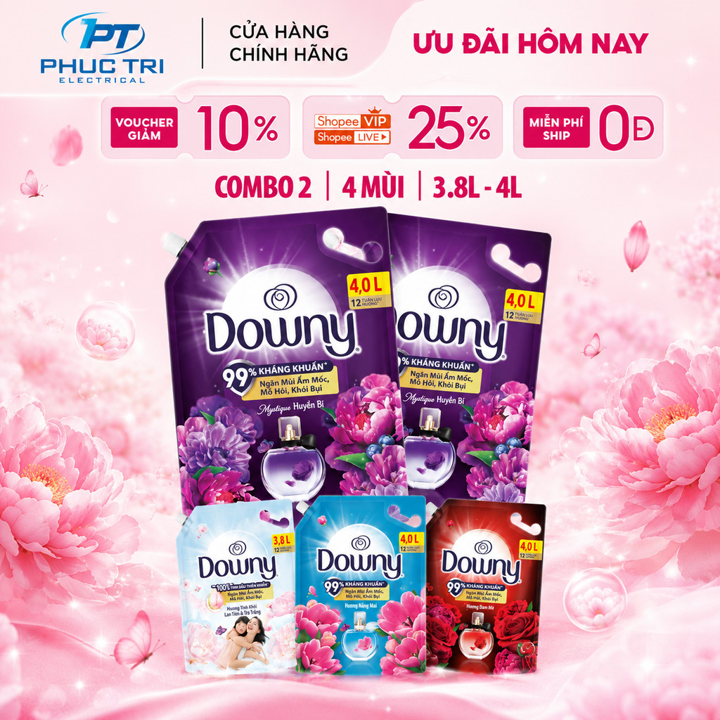 Combo 2 Nước Xả Vải DOWNY Hương Nước Hoa Cao Cấp/ Chống Khuẩn Hương Đam Mê/ Huyền Bí/ Nắng Mai Túi 4