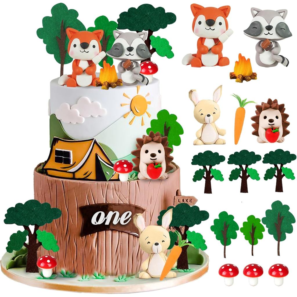 Woodland Động Vật Bánh Topper Với Cáo Gấu Trúc Nhím Thỏ Nấm Cho Woodland Theo Chủ Đề Sinh Nhật