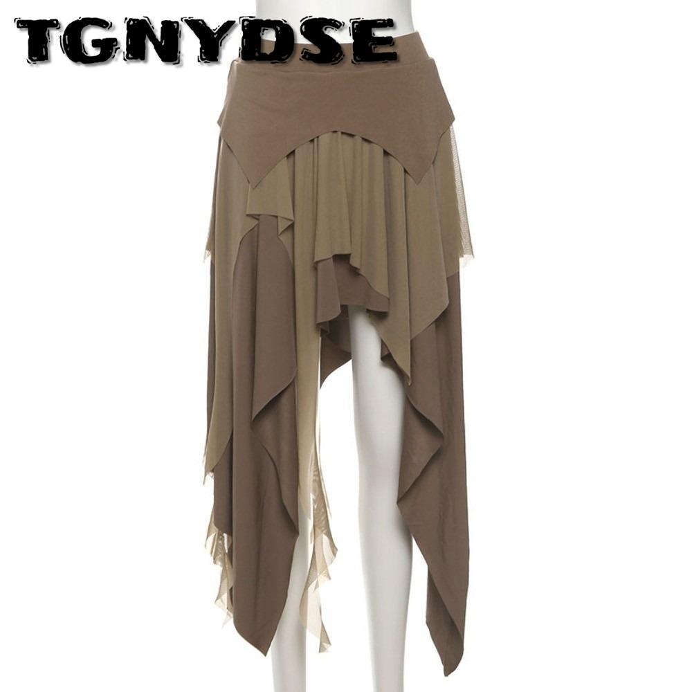 Váy Midi TGNYDSE, Váy bất đối xứng viền cao không đều dành cho nữ, Boho xếp lớp Flowy Punk Style Got