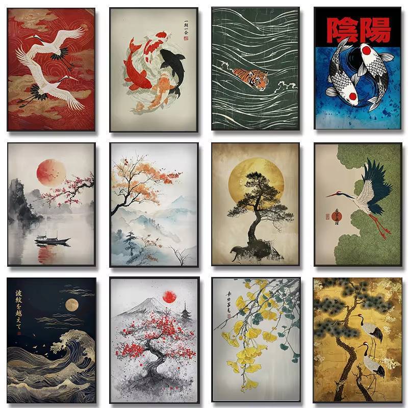 Japanese-style Koi, Crane, Landscape, and Japanese-style Decorative Poster for Living Room and Bedro