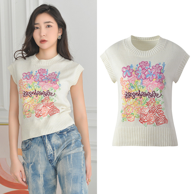 GS9E Maje Floral Embroidered Jacquard Vest for Women2023New spring and summer loose-fitting round-ne