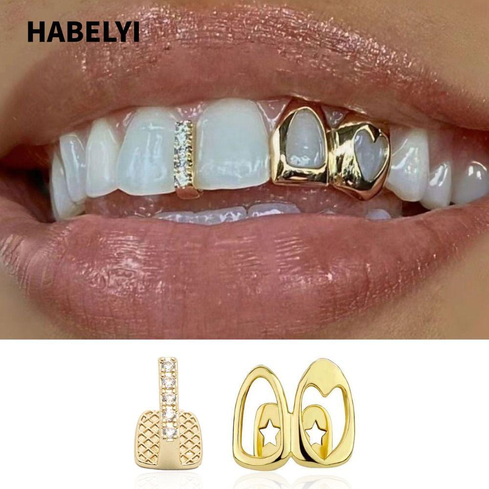 HABELYI Hip Hop Răng Grillz, Đồng Sáng Bóng Grillz, Trái Tim Rỗng Đôi Trái Tim Màu Vàng Răng Mũ Tran