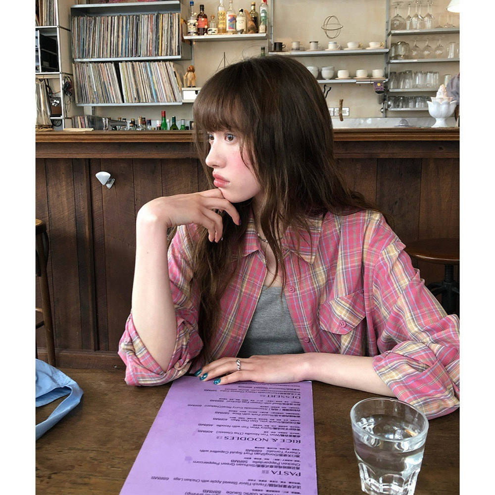 RAINY Korean-style artistic atmosphere classic loose plaid shirt for women, versatile spring-summer 