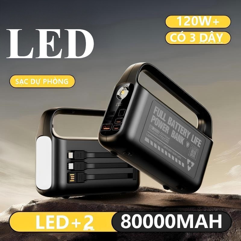 (LED)sạc dự phòng pin 50000mAh 80000mAh sạc nhanh pin 120W dung lượng lớn có sẵn nhiều dây sạc