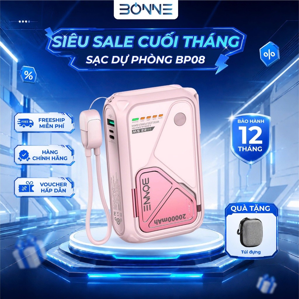 [TẶNG TÚI ĐỰNG] Sạc Dự Phòng BP08, Củ Sạc Nhanh BONNE BP08 10.000 mAh 20.000 mAh Hỗ Trợ Sạc Không Dâ