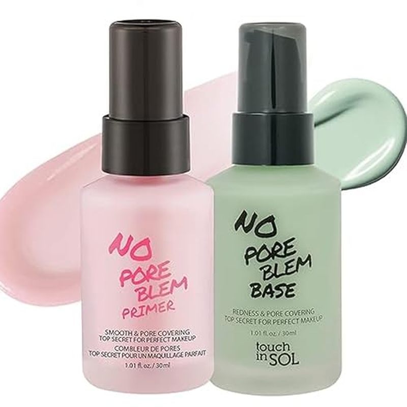 TOUCH IN SOL Best Hàn Quốc Primer Duo – No Poreblem & Đế điều chỉnh độ đỏ – Hoàn hảo cho làn da dầu 