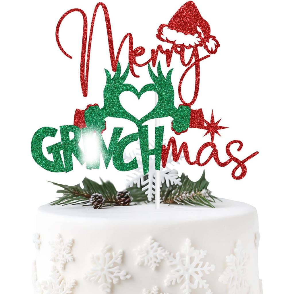 Red Glitter Merry Gr * nchmas Cake Topper, Xmas Tree Santa Hat Deer Winter Decor, Greench Gr * nch C