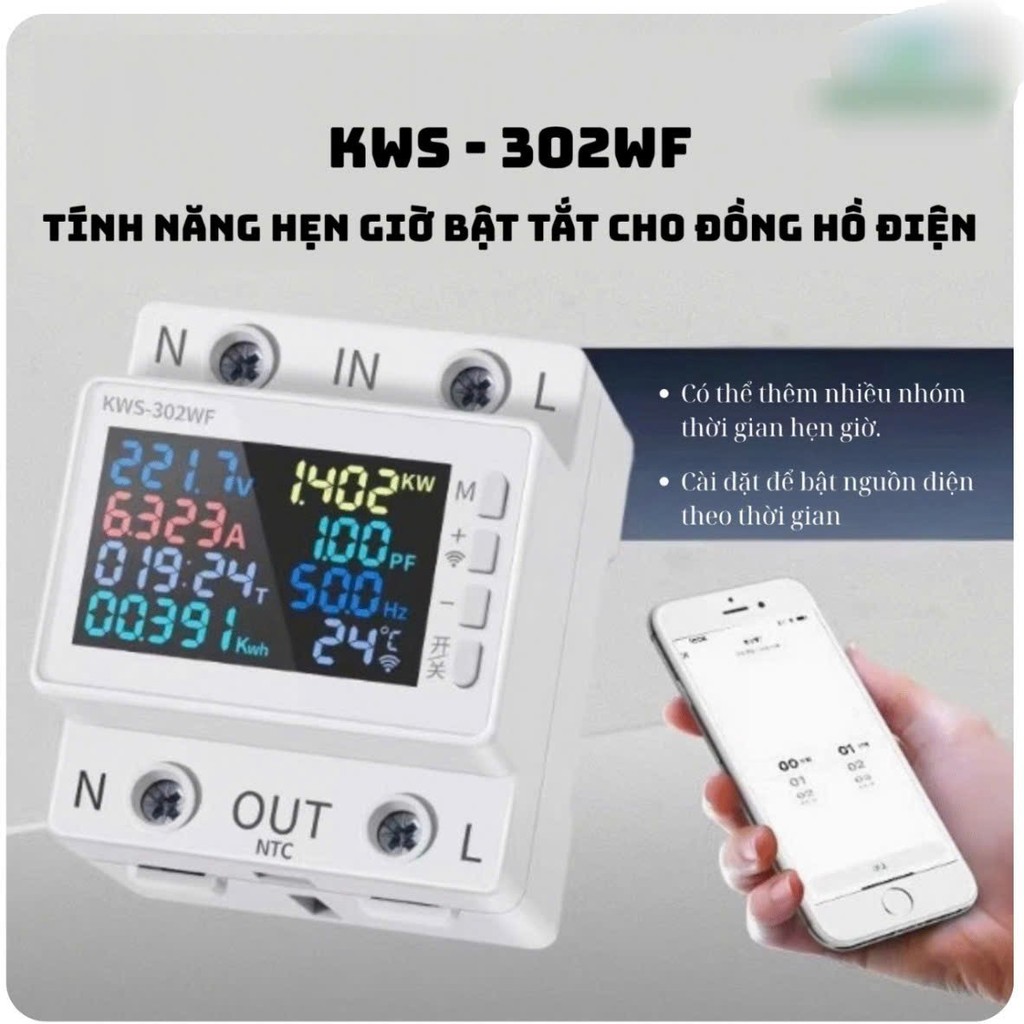 Đồng hồ đo điện năng qua WiFi KWS-302WF,  Công tơ điện thông minh quản lý phòng trọ, hẹn giờ, tự ngắ