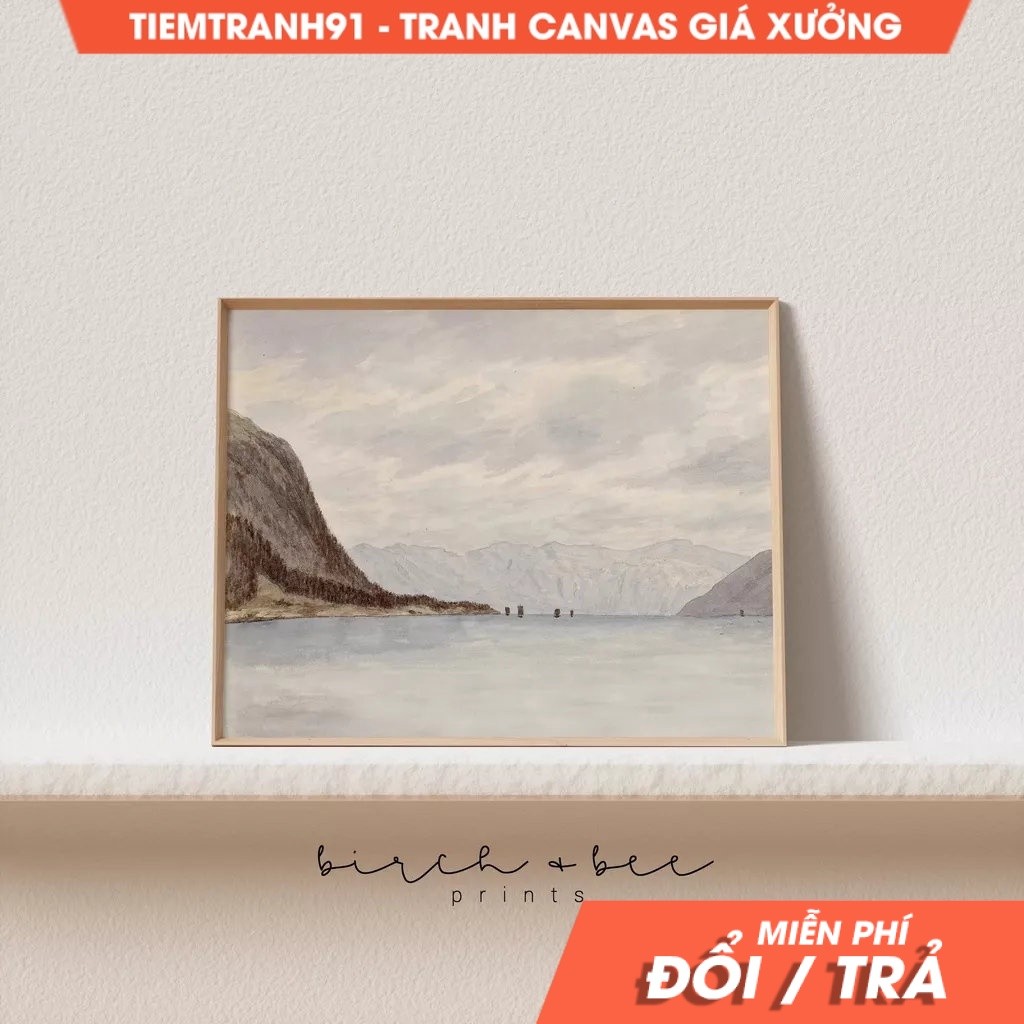 Tranh treo tường Vintage Mountain Lake Painting  Fjord  Lake House Wall Decor #69, tặng kèm đinh tre