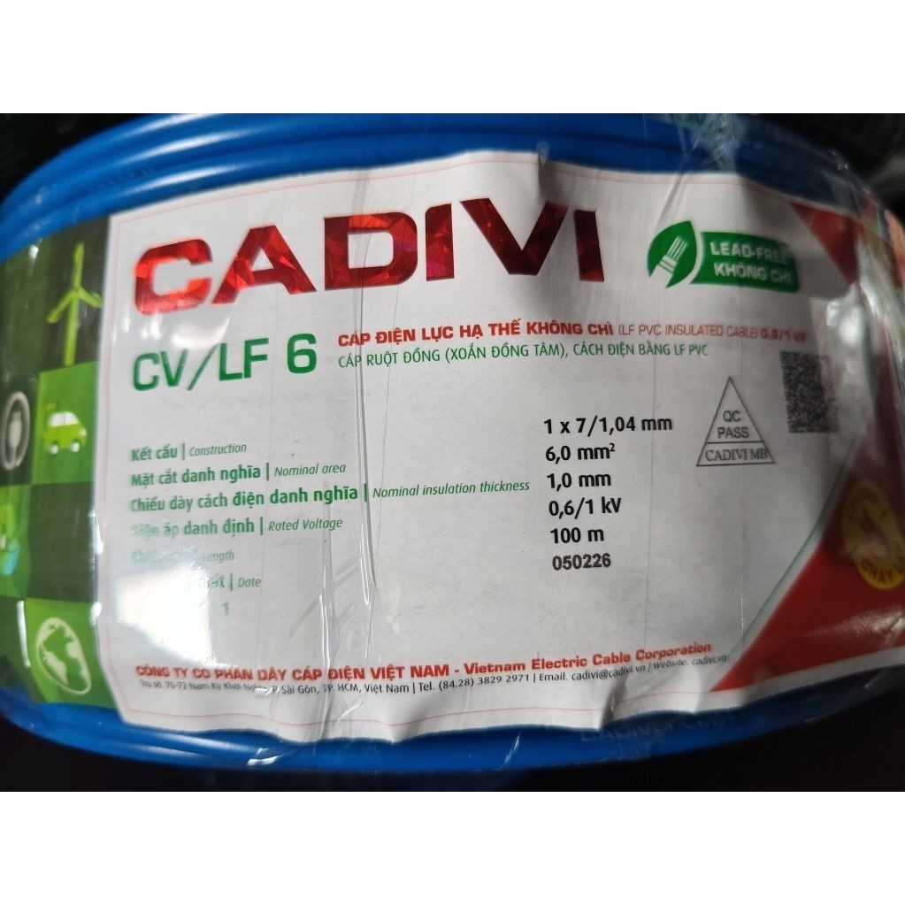 1 cuộn dây điện Cadivi CV/LF 6.0 ( 100m dây đơn)