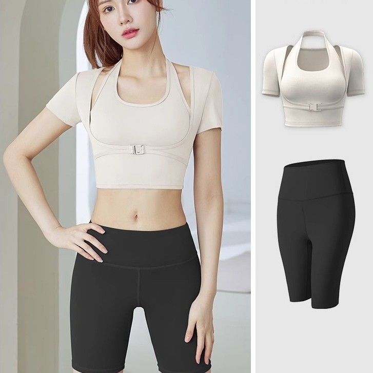 Bộ tập gym yoga nữ tay ngắn BIG SIZE kiểu áo croptop ôm body có Mút Đệm, quần đùi leging cạp cao nân