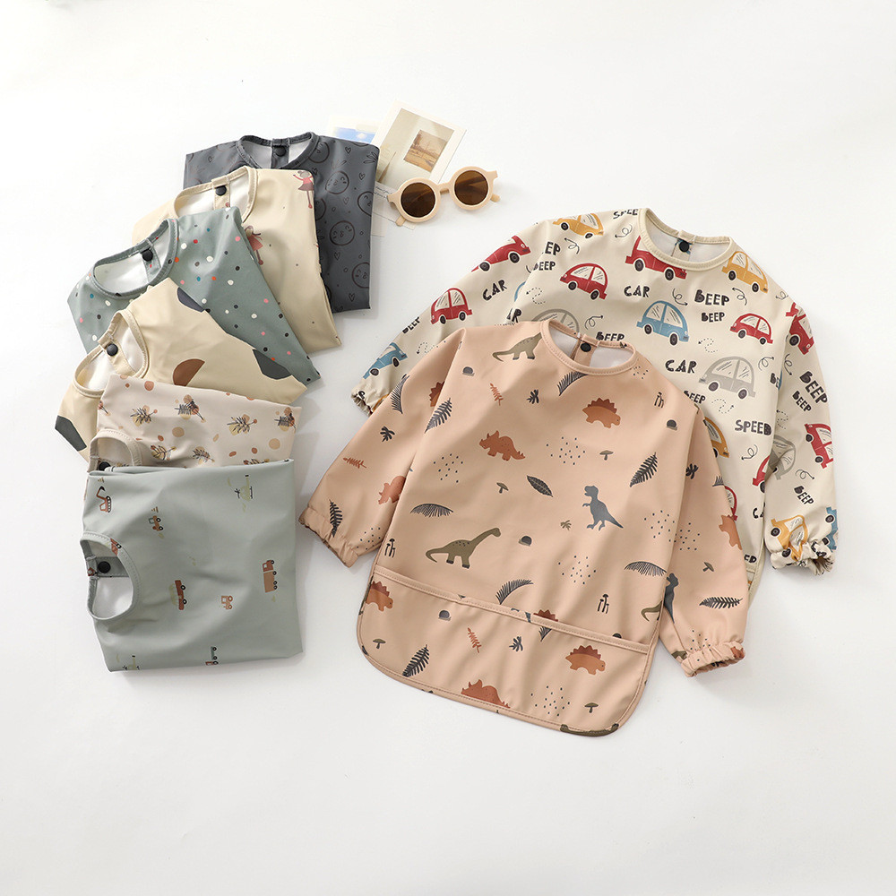 New Product~Danish children's long-sleeve shirt PU Reverse-wear baby feeding apron, ultra-soft water