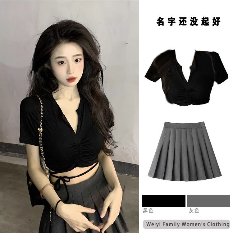 Lin Lin Lin Linzi の Suit Design Sense Slim-fit Hot Girl Chic Cổ chữ v Tích cực Vai Ngắn Tay Mùa Hè Á