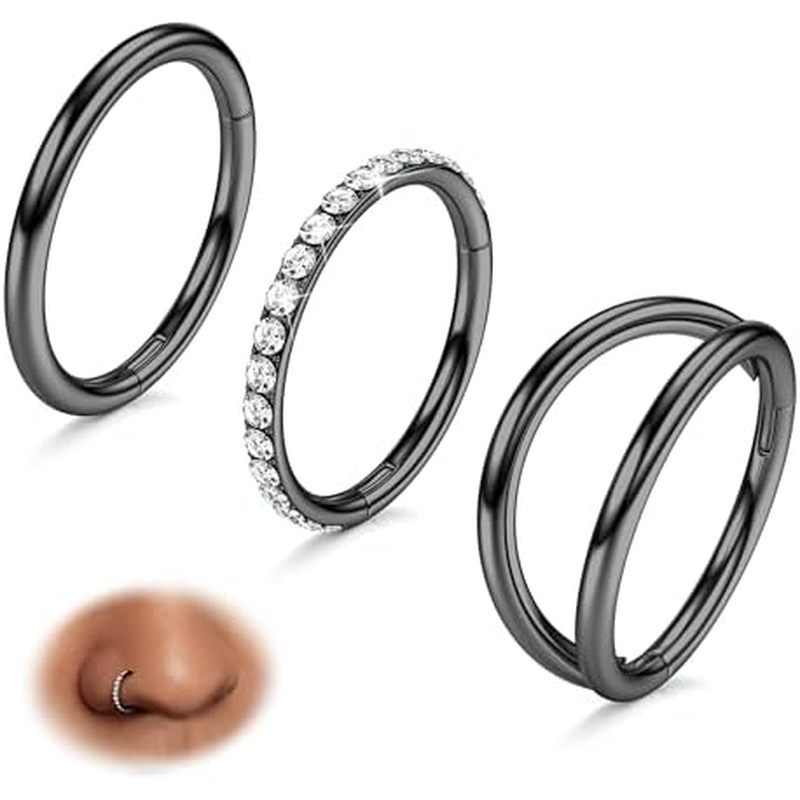 BodyBonita 3 Vòng Mũi - Vòng Mũi Đôi Vòng 14 / 16 / 18 / 20G Bản Lề CZ Xuyên Trang Sức Septum Clicke