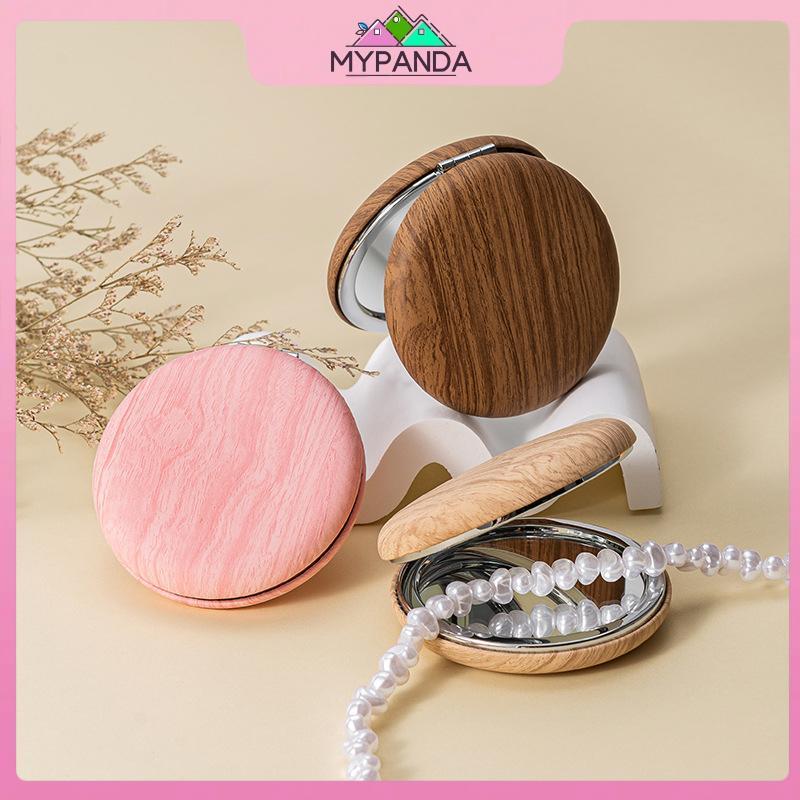 MYPANDA Mini Vintage Gương Trang Điểm Hạt Gỗ PU Gấp Gương Tròn Du Lịch Gương Trang Điểm Di Động Nhà 