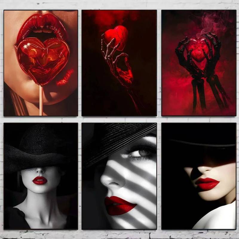 Đôi Môi Đỏ Xương Tay Trái Tim Lollipop Treo Tường Nghệ Thuật Bộ Dark Gothic Người Phụ Nữ Chân Dung C