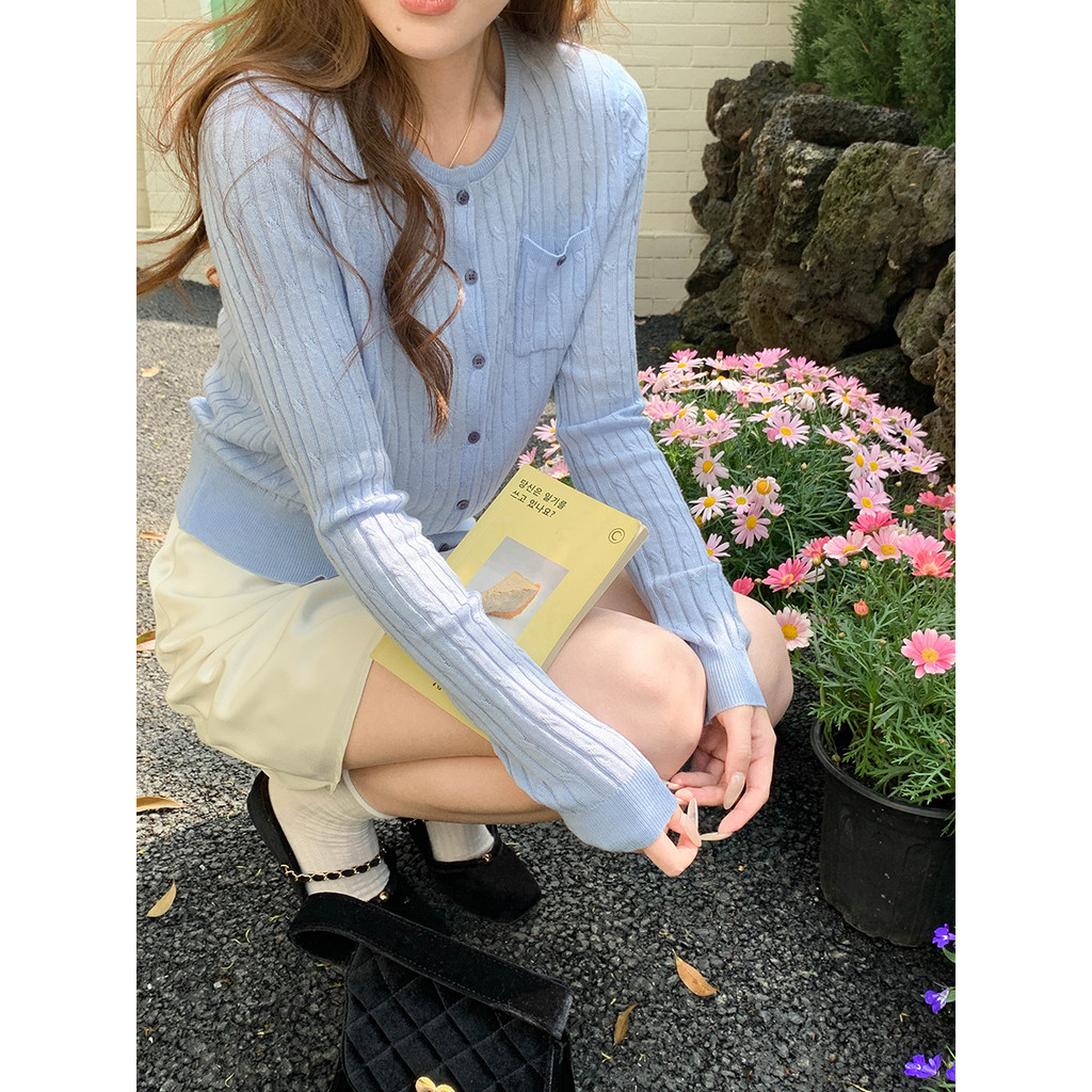 3th Morning Belize Daily Áo cardigan dệt kim cổ tròn kiểu Hàn Quốc có túi nhỏ ZY4107