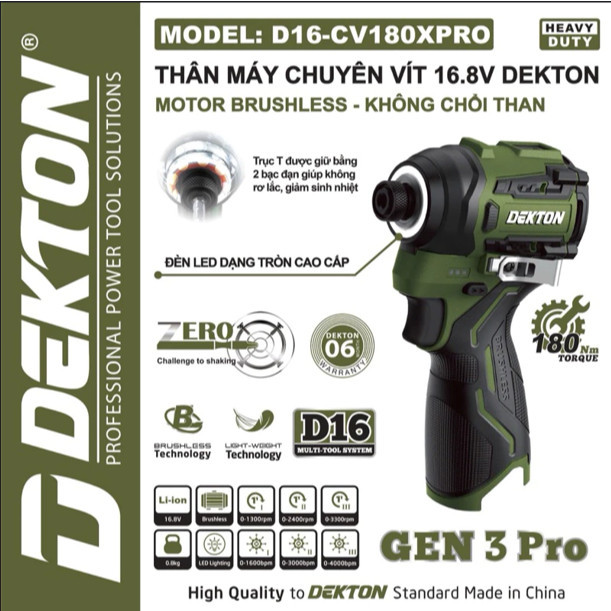 D16-CV180XPRO xanh lá / CHUYÊN VÍT BÚA GEN 3 PRO 16.8V PiN Chọt Máy sĩ DEKTON