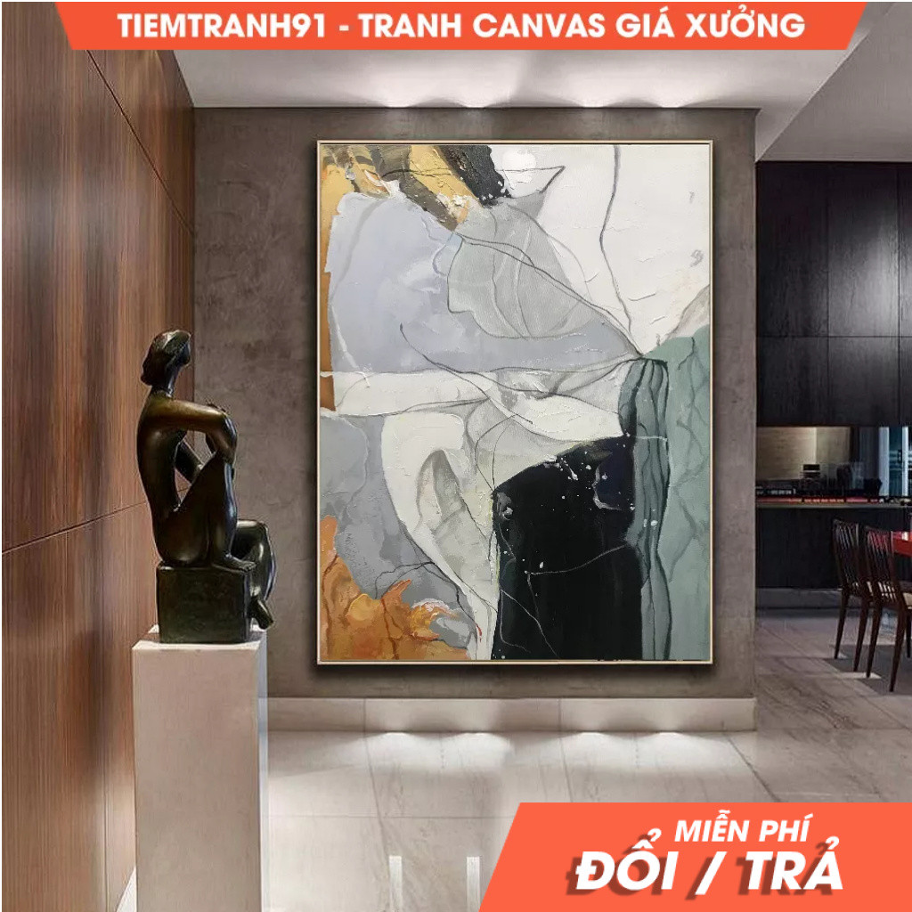 Tranh treo tường, Large Abstract Painting,Minimalist Abstract Painting, Beige Painting Original Gray