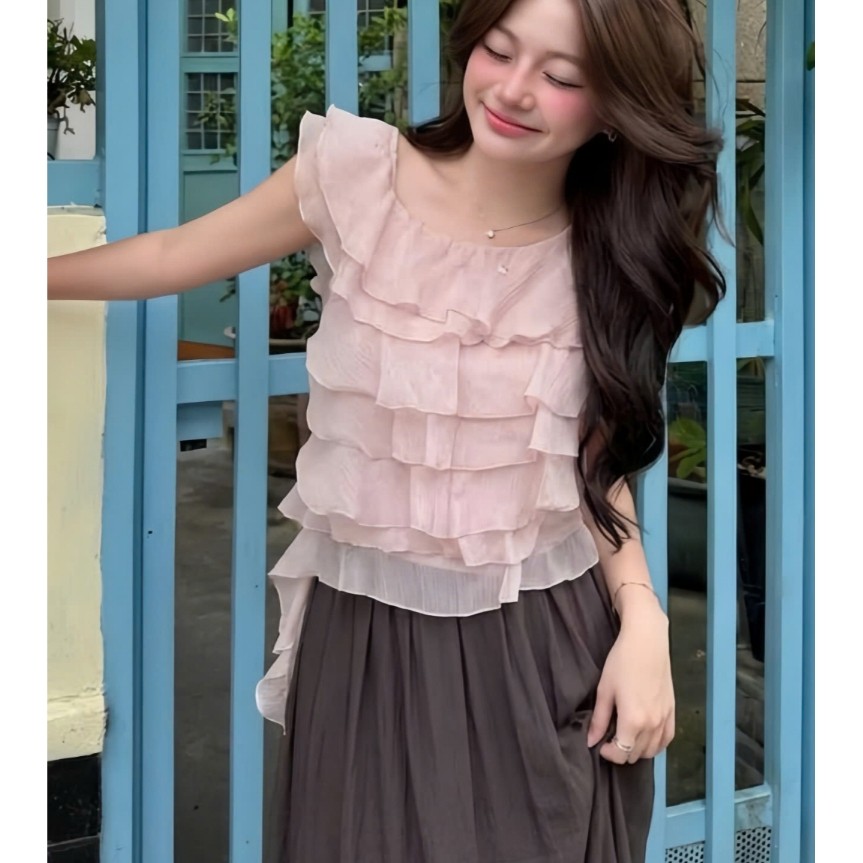 Áo Babydoll Kiểu Nữ Dáng Trễ Hở Vai Bèo Nhún Xếp Tầng Điệu Đà Mùa Hè  - KA877