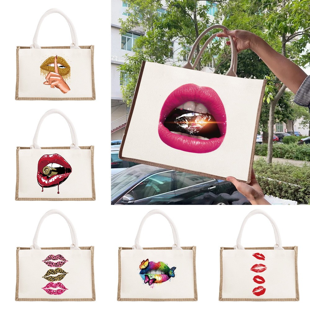 Beach Burlap Tote Bags Mouth Print Personalized Bridesmaid Bridal Party Girls Trip Gifts Jute Tote S