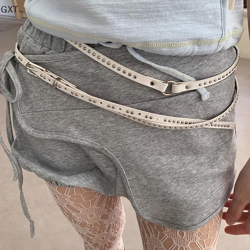 Fu Y2K Punk đôi mỏng PU vành đai da đinh tán Dây thắt lưng cho phụ nữ người đàn ông Jeans Váy CK
