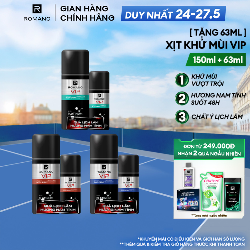 [TẶNG Xịt khử mùi 63ML] Xịt khử mùi cho nam cao cấp VIP Romano 150ml (Tặng mùi ngẫu nhiên)