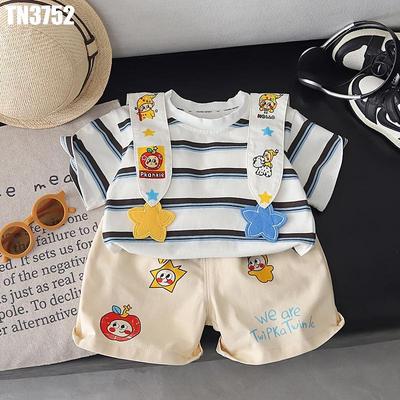 Set Bộ Quần Áo Bé Trai Áo Thun Sọc Cổ Thủy Thủ Quần Short Đùi Họa Tiết Hoạt Hình MINTSCLOSET TN3752