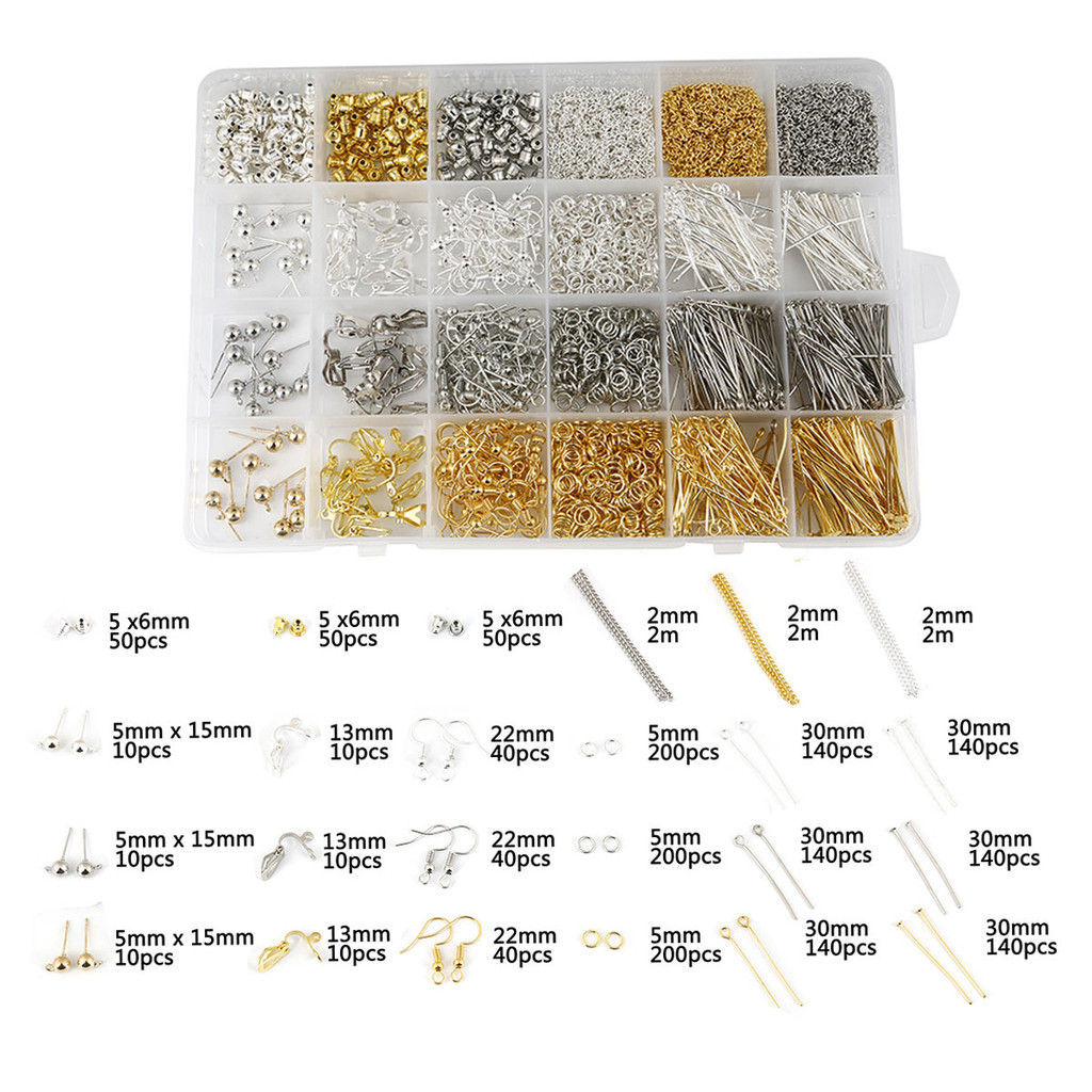 24 Lưới DIY Phụ Kiện Bộ Hộp Vàng Bạc Trắng K Màu Hỗn Hợp Handmade Vòng Tay Vòng Cổ Phụ Kiện Trang Sứ