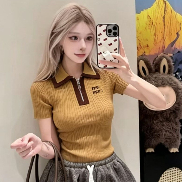 Z1O0 New Product MU Women's half-zip turtleneck knitted short-sleeve top with classic lettering, fas