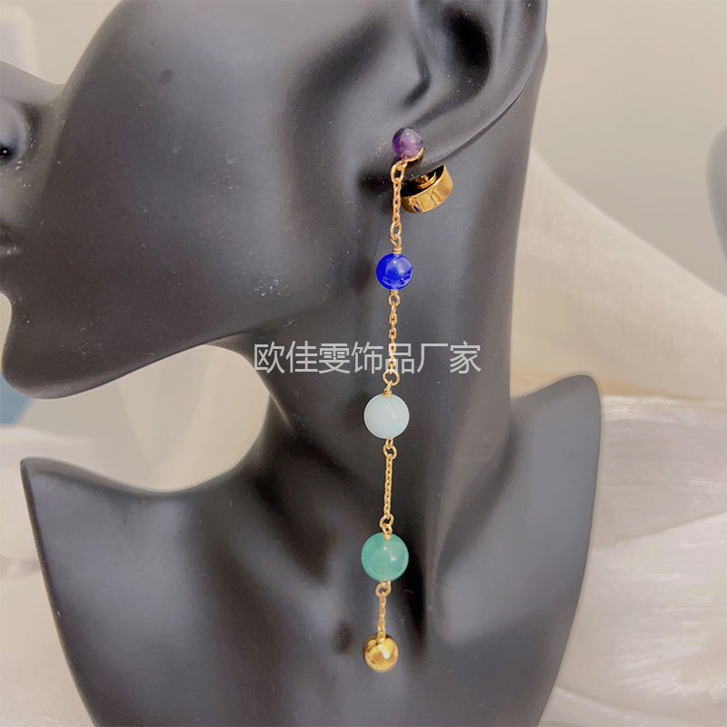 Natural Asymmetric Gemstone Earrings for Women, Colorful Gemstone Chain Tassel Earrings, Vintage Chi
