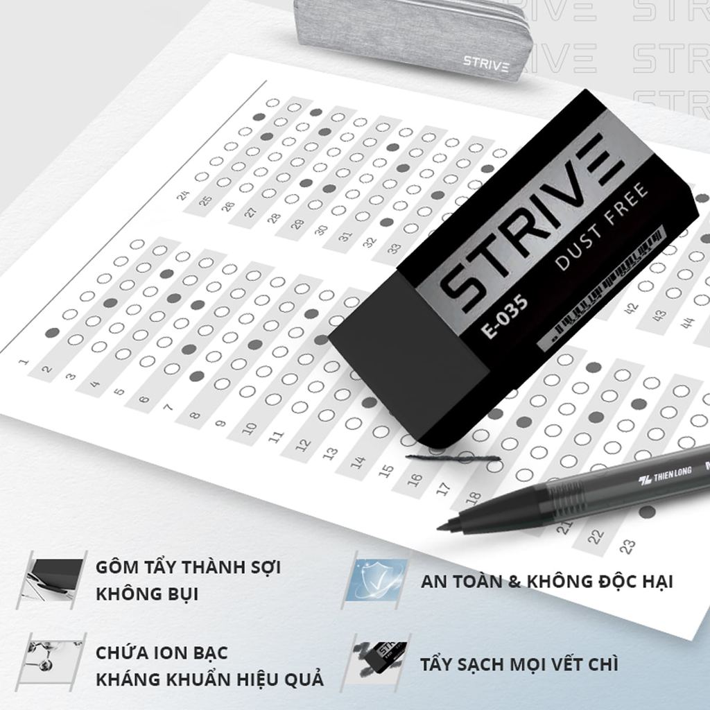 Combo 5 Gôm tẩy không bụi mịn - Strive Dust Free Thiên Long E-035 - Chứa ion bạc kháng khuẩn