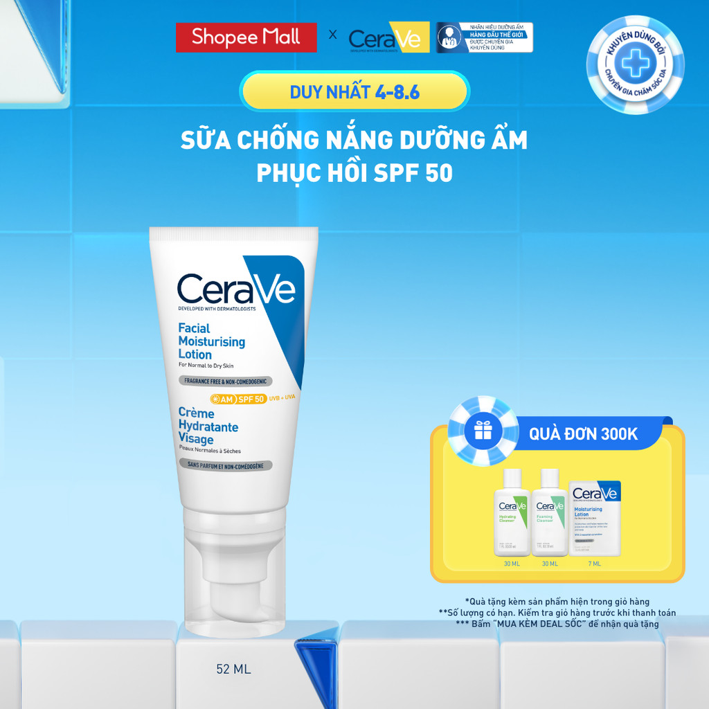 Sữa chống nắng dưỡng ẩm phục hồi SPF50 CeraVe AM Facial Moisturising Lotion SPF50 52ml
