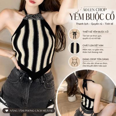 Áo yếm len nữ, Áo croptop dệt kim, thiết kế hở lưng, sọc dọc tôn dáng, mềm mại thoáng mát, dễ phối đồ