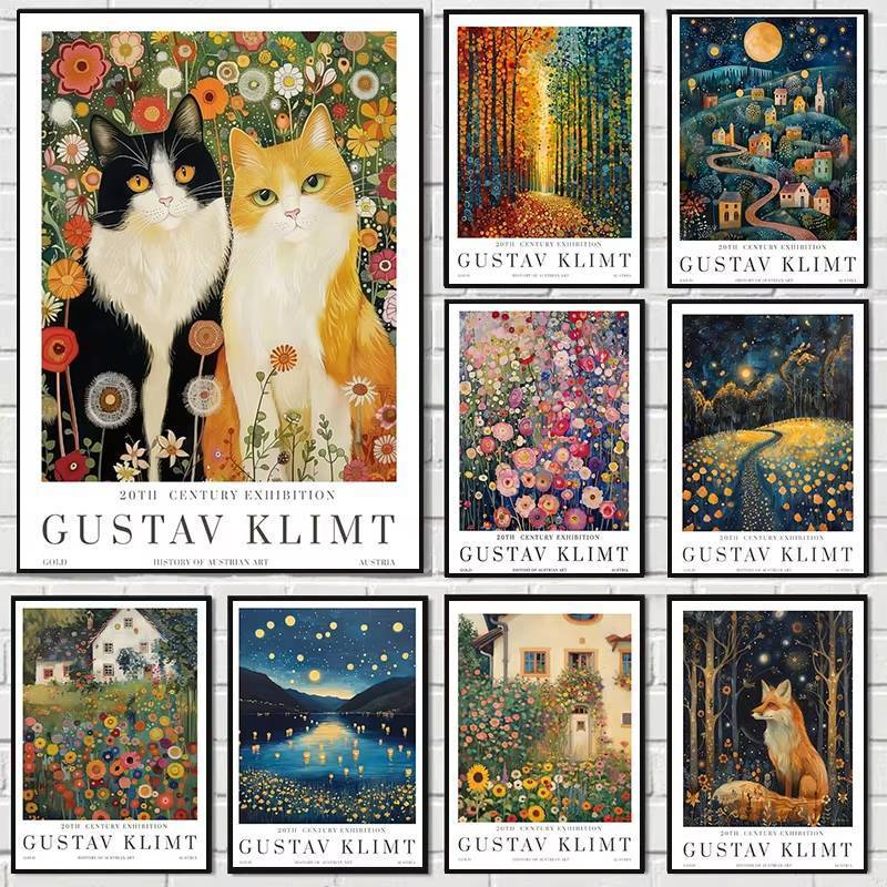 Gustav Klimt Garden Cat and Fox Canvas Print Moon and Village Klimt Museum Wall Art Poster Modern Li