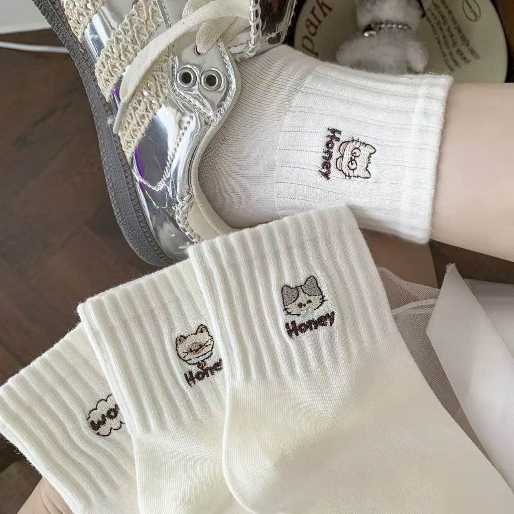 Vớ tất cotton trắng gân thêu icon gấu bear nơ mèo nâu