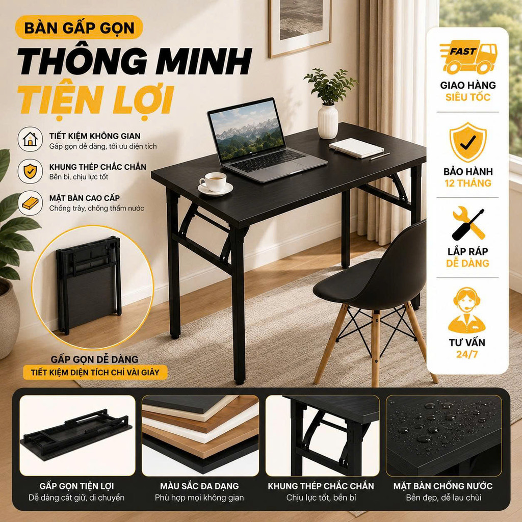 Bàn học gấp gọn BOV KT 50x100 60x120 cao 75cm