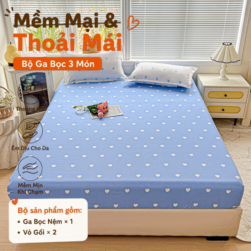 Bộ ga chun đa năng 3 món, dra chun chống nhăn mềm mại cho giường, thấm hút mồ hôi tốt
