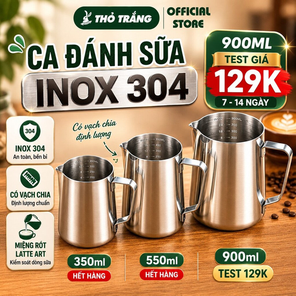 Ca Đánh Sữa Inox 304 Có Vạch Chia 350/550/900ml, Ca Tạo Bọt Sữa Latte Art