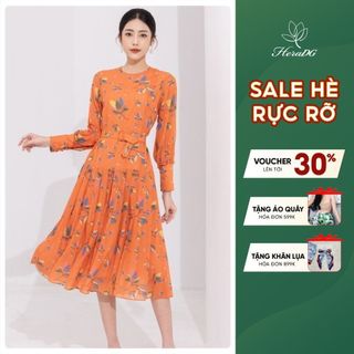 Đầm công sở HeraDG xếp ly tay dài kèm đai vải tơ mềm mại nữ tính WDPBB3031
