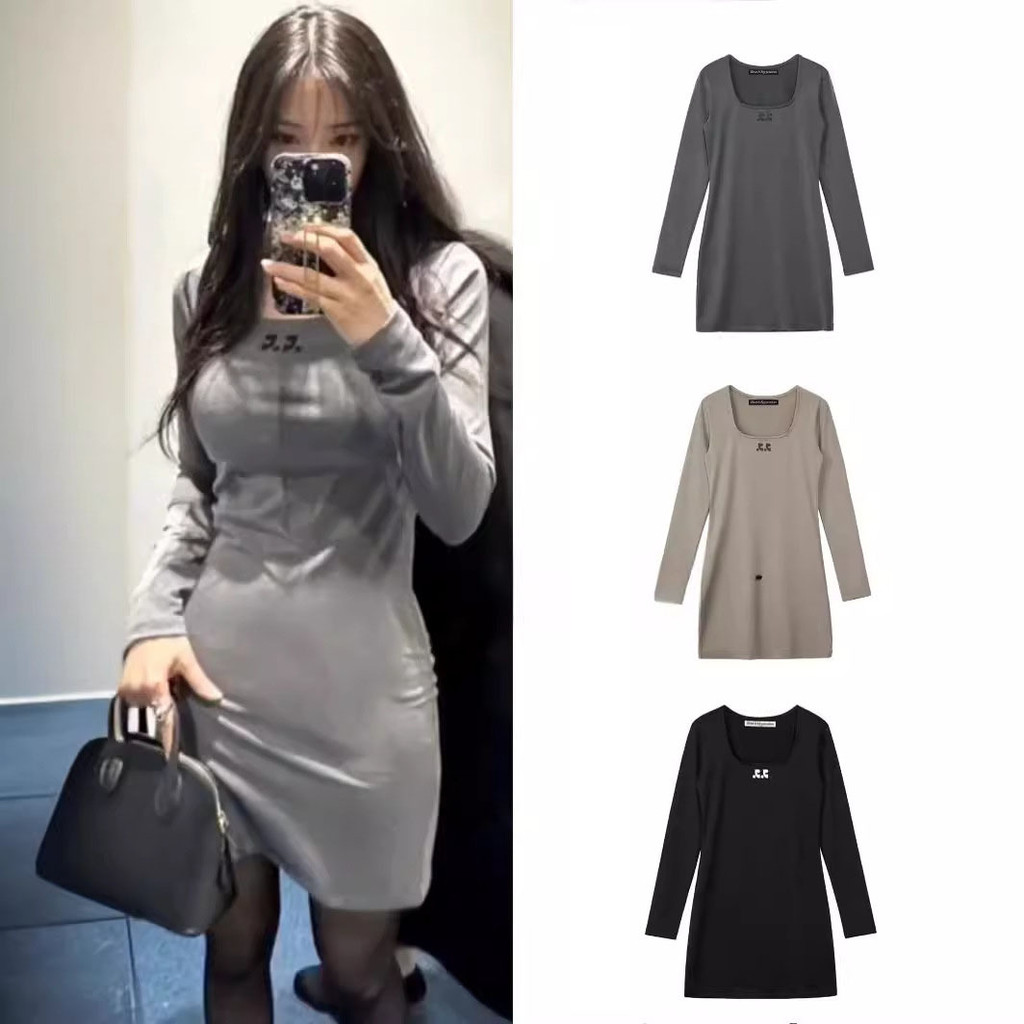 GW4B Korean blogger's same style small label logo Summer U Collared bottoming dress, slim-fit, tight